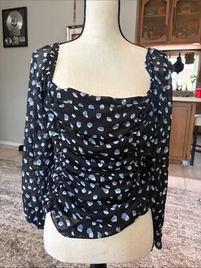 Pleione Black Blouse with Light Blue Spot Print and Ruched Front
